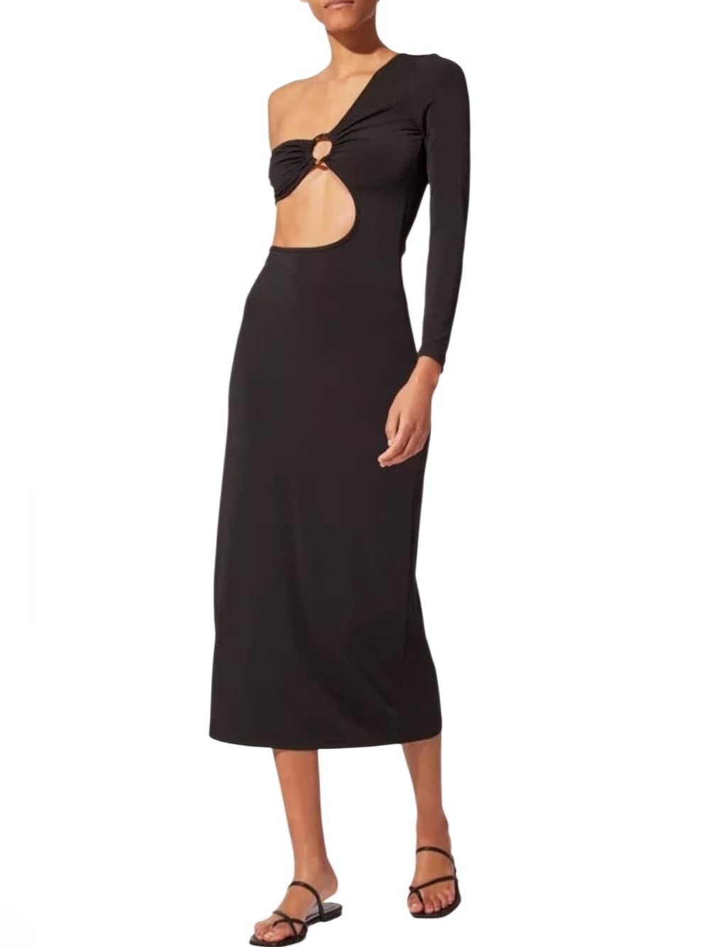 SOLID & STRIPED Ruby Dress Black One-Shoulder Cutout Midi Size Medium